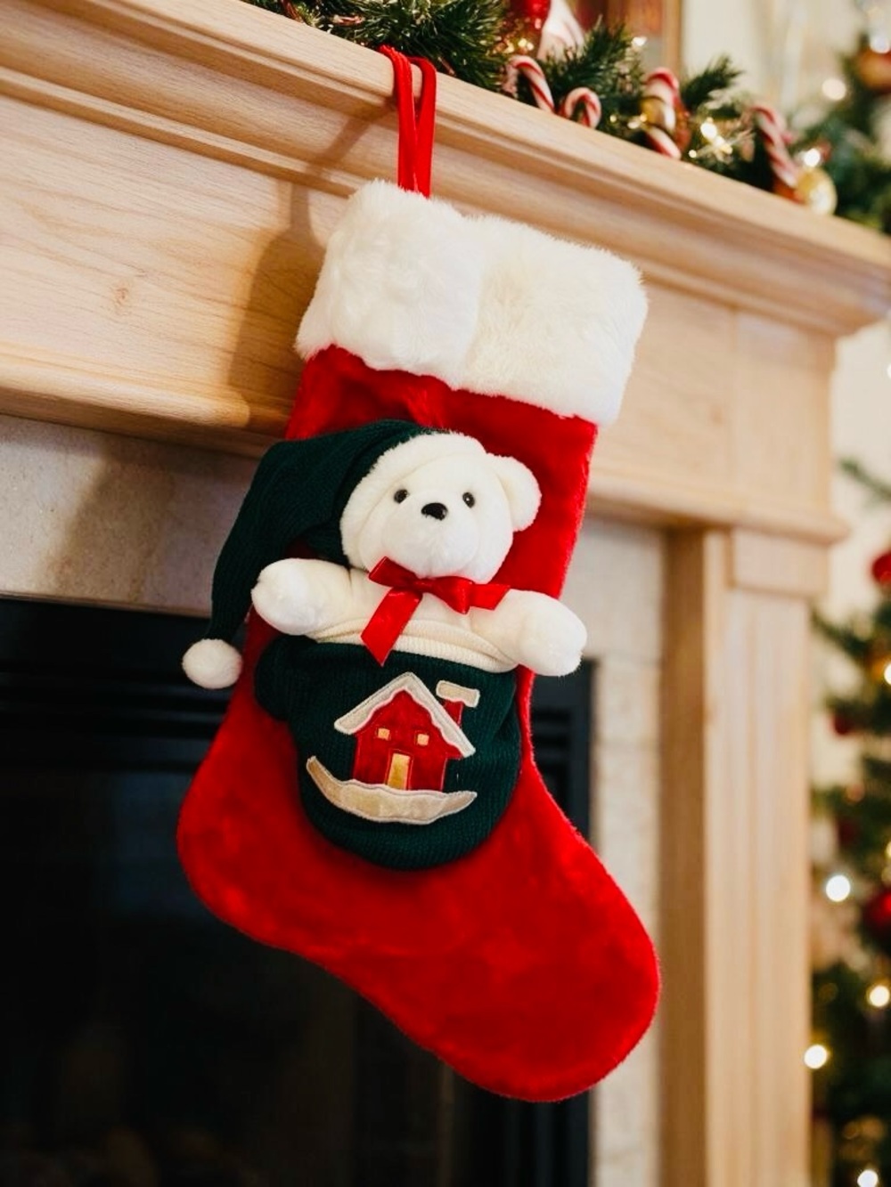 Vintage 3D Plush Christmas Stocking with Green Knit Pocket and Plush Polar Bear